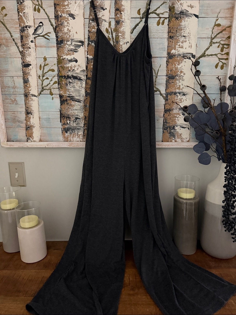 Charcoal Gray Wide-Leg Jumpsuit Romper with Spaghetti Straps